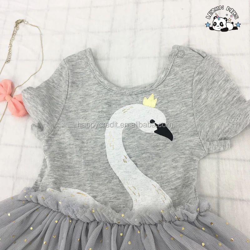 LEZONKIDS - Custom MOQ 100pcs Grey Cotton Short Sleeve 4 Layers Tulle Dress Girls Swan Dots Foil Print Dress